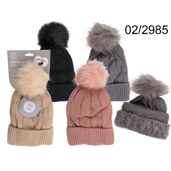 Comfort cap with artifical fur pompom, Cable Stich ca. 130 g, 100% polyester, one size, 4 colours as 