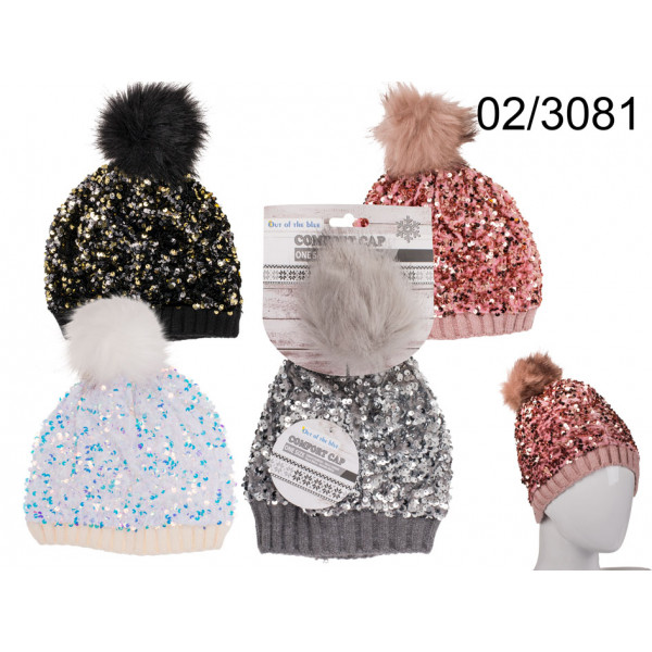 Comfort cap with artifical fur pompom & sequins Glitter, ca. 100 g, 100% Polyacryl, one size, 4 colo 