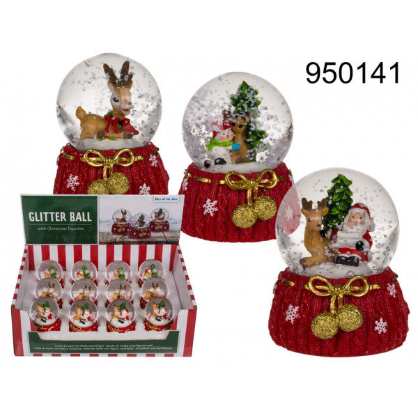 Polyresin snow globe with Reindeer & Santa, on red base, ca. 5, 5 x 6, 5 cm, 3 ass., 12 pcs. per dis 