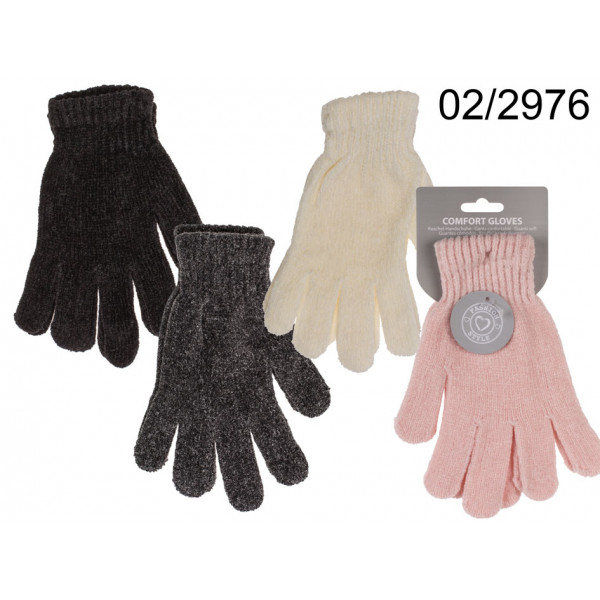 Comfort gloves, Chenille, 100% polyester, one size, 4 colours ass., with header card 