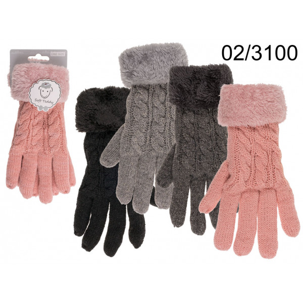 Comfort gloves, Cable Stich, ca. X g 100% Polyacryl, one size, 4 colours ass., with header card 