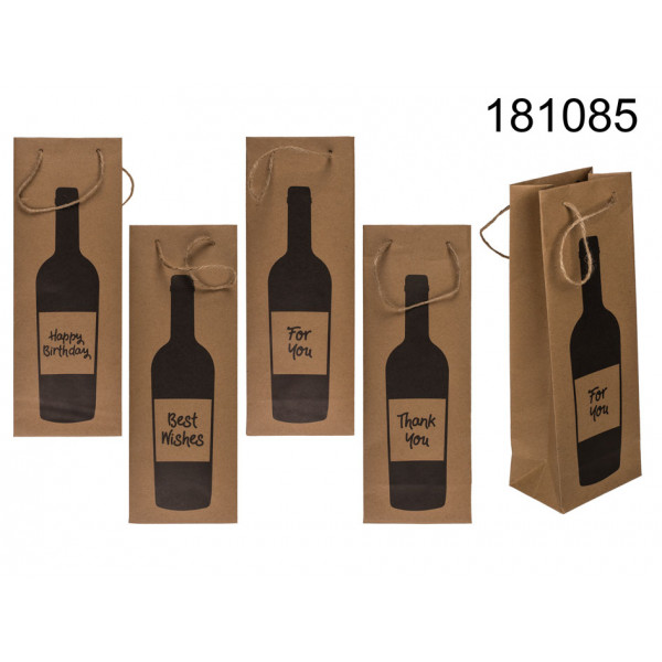 Wine bottle craft paper gift bag, with jute handle, ca. 12, 5 x 9 x 35 cm, 4 ass., 12 pcs. per polyb 
