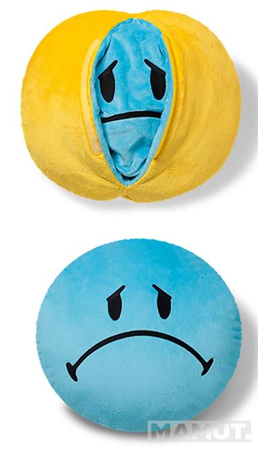 CUSHION SMILEY REVERSIBLE YELLOW HAPPY BLUE SAD 35CM ROUND 