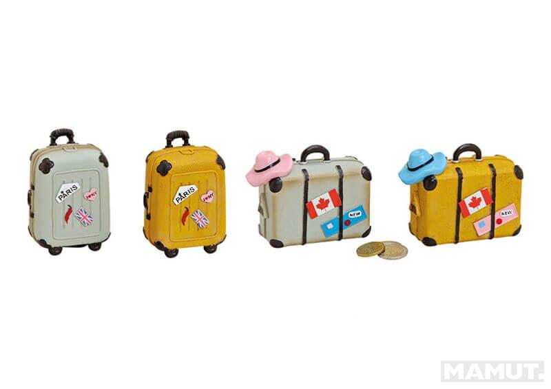 Saving box, polyresin, trolley, grey/yellow, 4 assorted (W/H/D) 7x10x4cm 