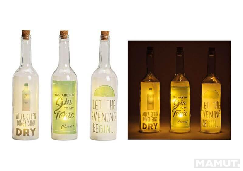 Glass bottle with key word GIN, with 5 pcs led lights, transperent.3 asst.  7x29x7cm 