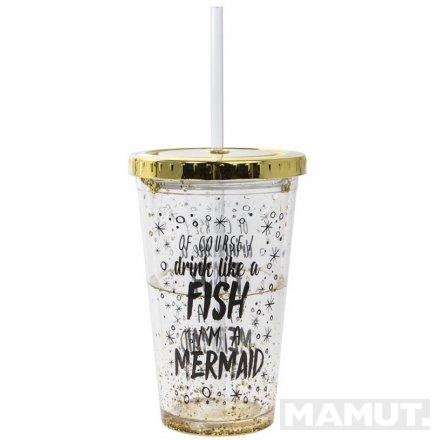 Šljašteća čaša sa poklopcem i slamkom GOLD GLITTER MERMAID 