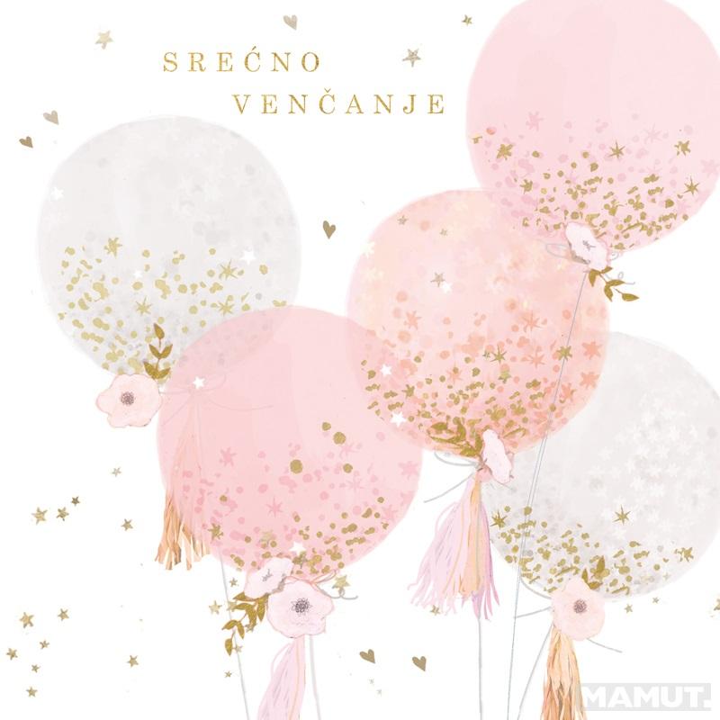 Čestitka SREĆNO VENČANJE - roze i beli baloni 