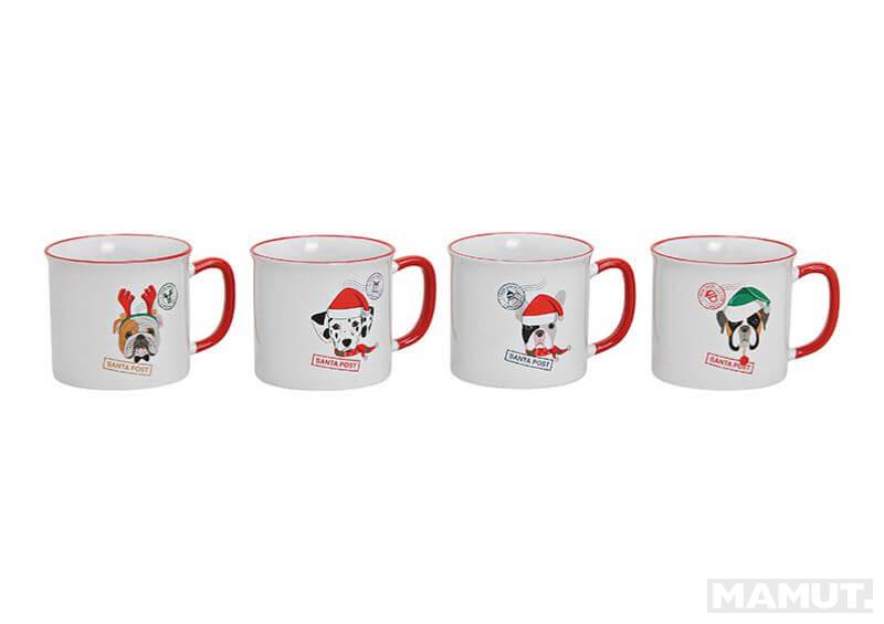 Mug dogs with christmas hat, made of porcelain, white color, 4 asst. 450ml 13x9x10cm 