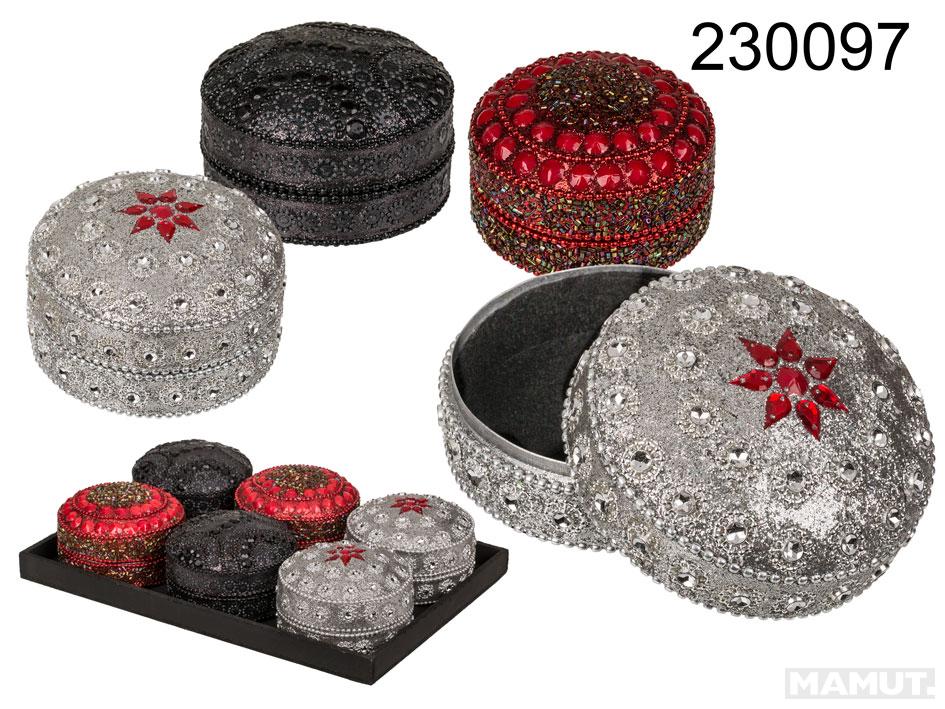 Round jewelry box, ca. 8 cm (red, silver, black ass.) 6 pcs. per display 