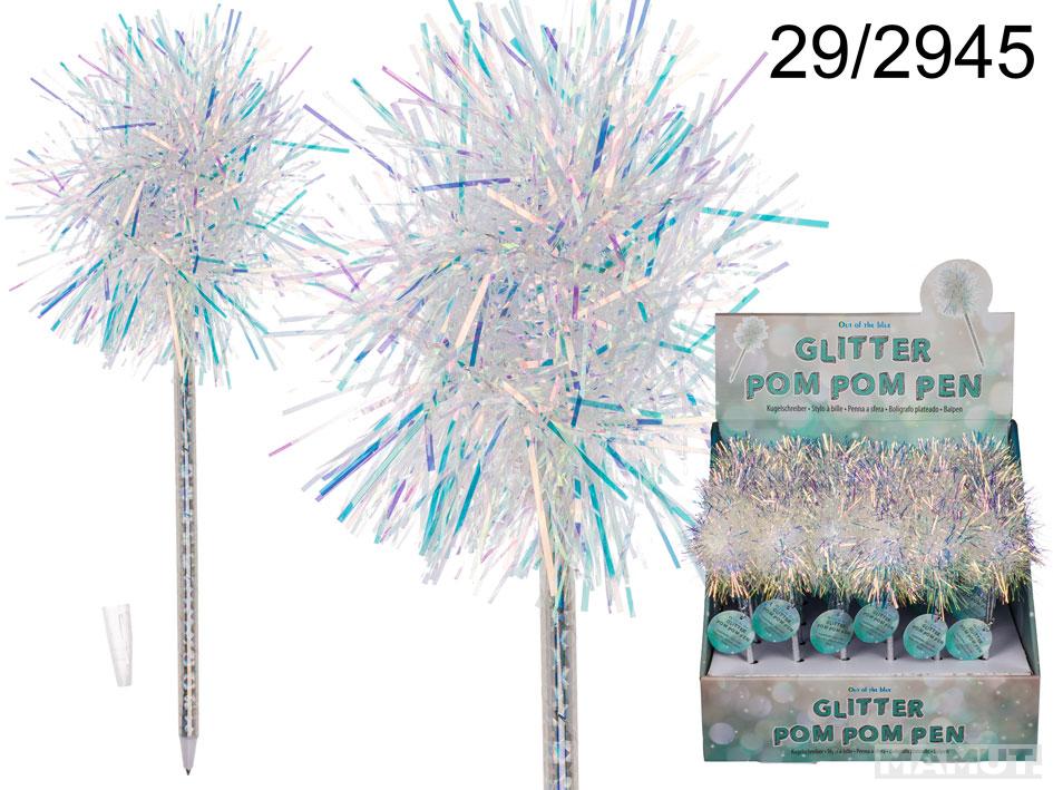 White coloured plastic pen, glitter Pom Pom, ca. 22 cm, 24 pcs. per display 