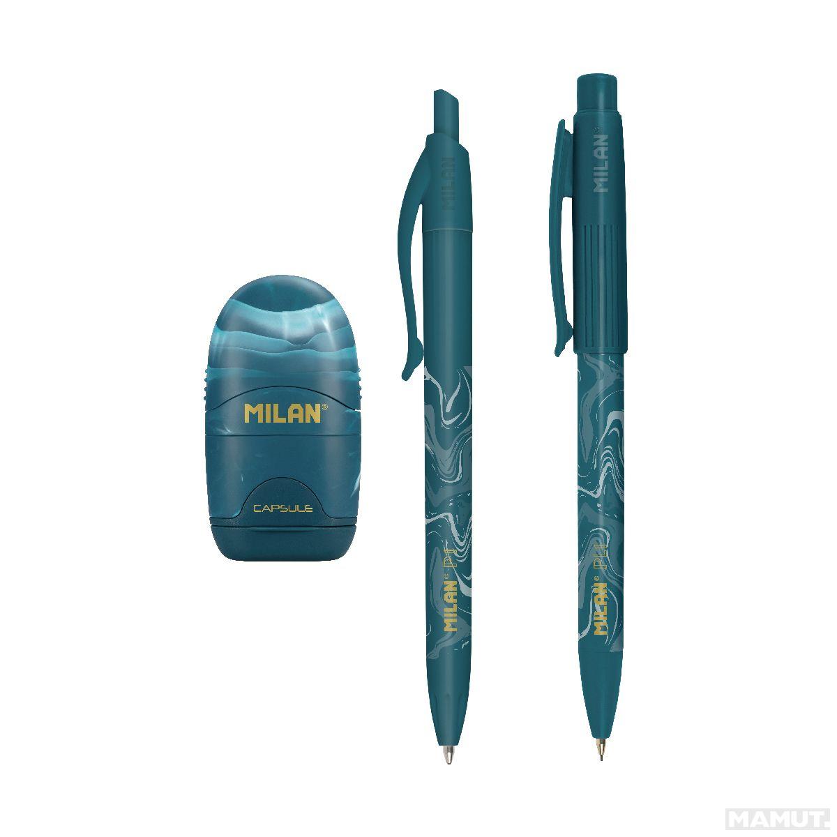 Školski set MILAN - BLUE (patent olovka, hemijska, gumica sa rezačem) 
