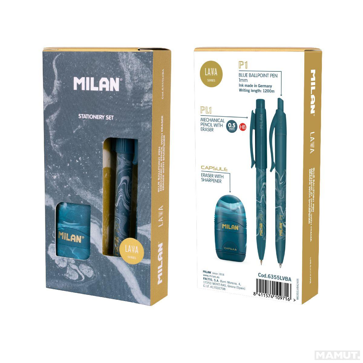 Školski set MILAN - BLUE (patent olovka, hemijska, gumica sa rezačem) 