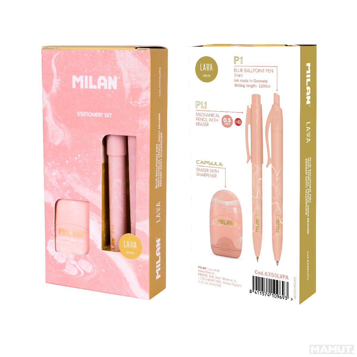 Školski set MILAN - PINK (patent olovka, hemijska, gumica sa rezačem) 