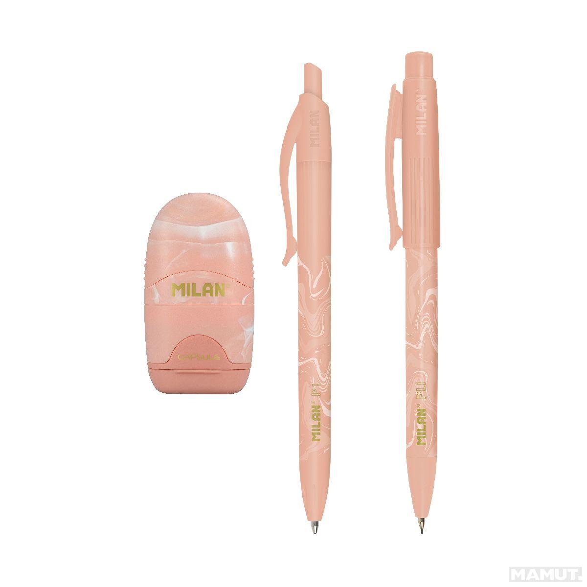 Školski set MILAN - PINK (patent olovka, hemijska, gumica sa rezačem) 