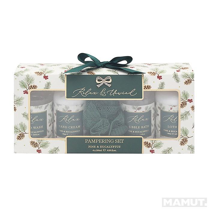 Kozmetički poklon set MADELAINE Bor i eukaliptus (tečni sapun, losion za telo, kupka, krema za ruke) 
