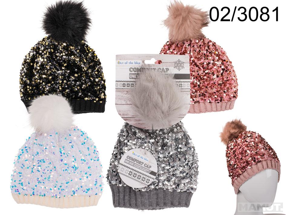 Comfort cap with artifical fur pompom & sequins Glitter, ca. 100 g, 100% Polyacryl, one size, 4 colo 