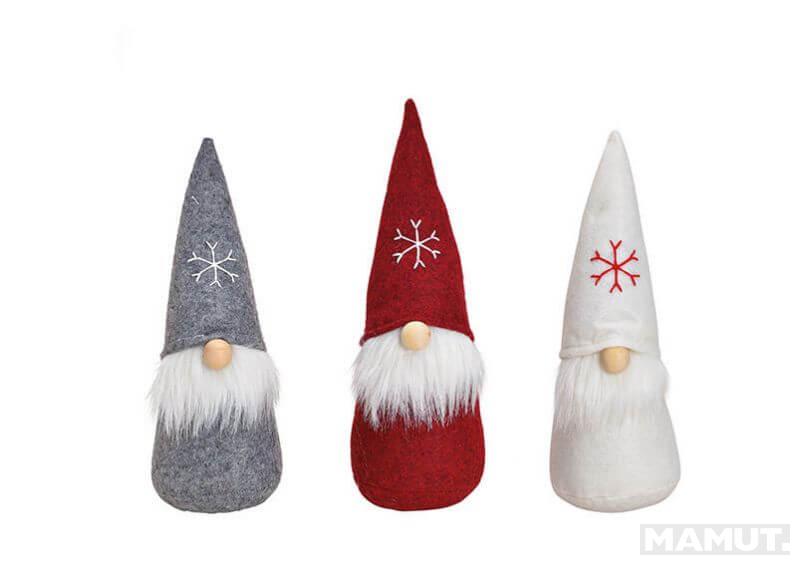 Gnome, felt, plush, red, grey, white, 3 asst. 11x30x11cm 
