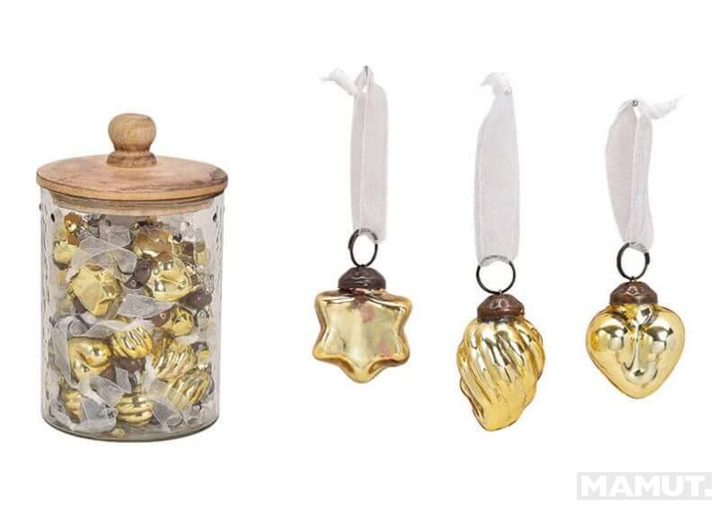 Hanger, glass, gold,  3 asst. 3,5cm, 48 pcs in glass jar with wooden lid, 12x20x12cm 